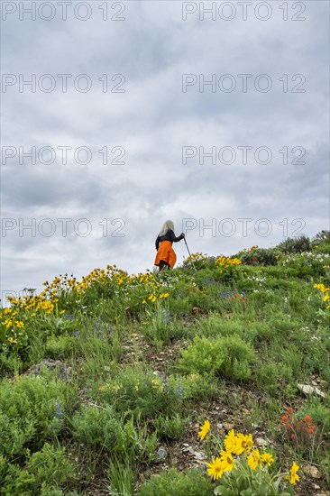 Senior blonde woman hiking on Carbonate Mountain trail