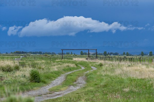 Clouds above empty meadow with dirt road