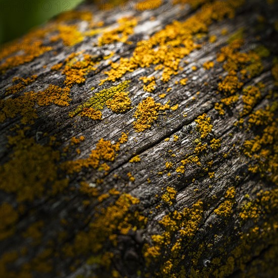 Close-up of lichen growing on wooden fence railing