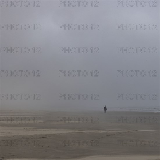 Misty figure walks along beach