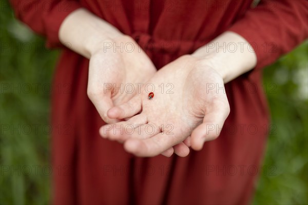 Young woman holding ladybug in hands on meadow