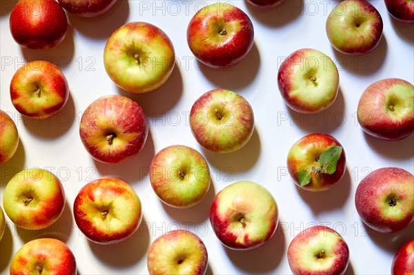 Overhead view of apples on white background