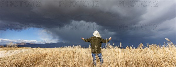 Rear view of woman standing in fall grasses under stormy sky