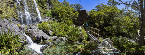Rear view of hiker crossing footbridge near waterfall in Fiordland National Park