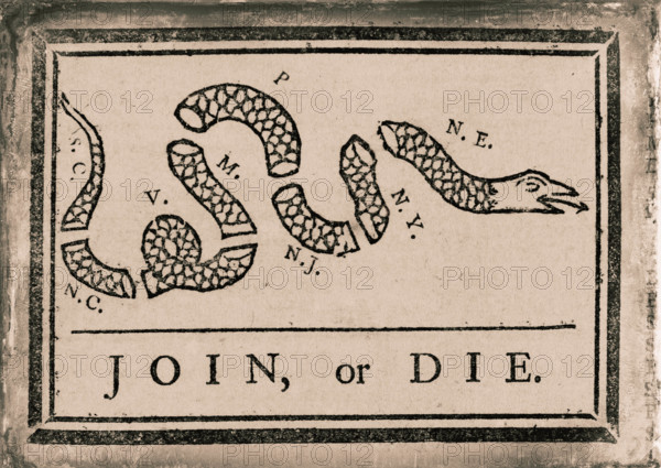 "Join or Die" snake newspaper cartoon design by Ben Franklin