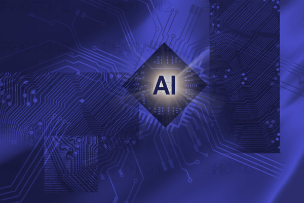 AI symbol against electronic background of computer parts and circuits