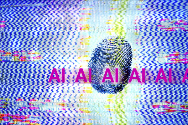 AI symbol and large fingerprint against electronic screen background