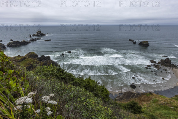 USA, Oregon, Cannon Beach, View of Oregon Coast from trail