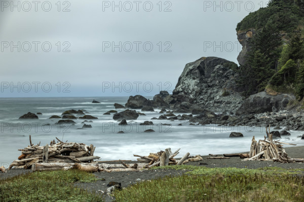USA, Oregon, Brookings, Sea waves on rocky coast and driftwood, long exposure