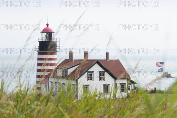 USA, Maine, Lubec, West Quoddy Head Lighthouse with grass in foreground