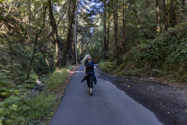 USA, California, Mill Valley, Woman walking on paved pathway in forest