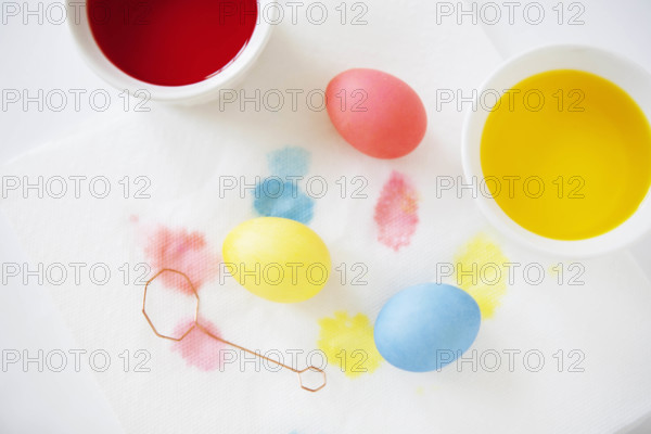 Overhead view of freshly dyed Easter eggs