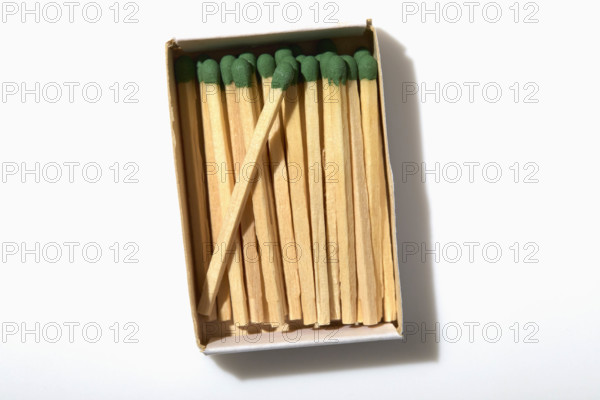 Overhead view of box of matchsticks on white background