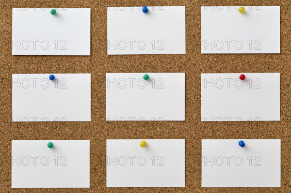 Blank pieces of paper attached to cork board with colorful push pins