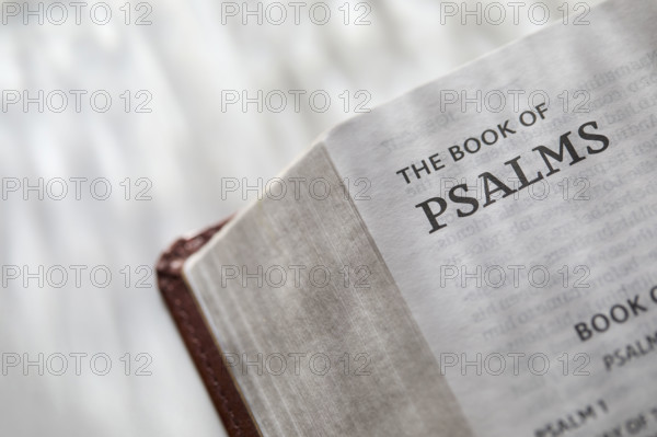 Close-up of open Bible and Book of Psalms