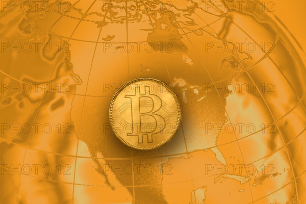 Bitcoin floating over world map