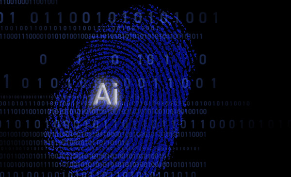 Blue fingerprint with the AI symbol and binary code over