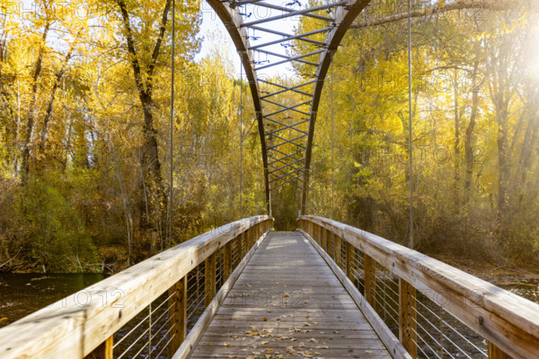 USA, Idaho, Hailey, Bow Bridge over Big Wood River in autumn