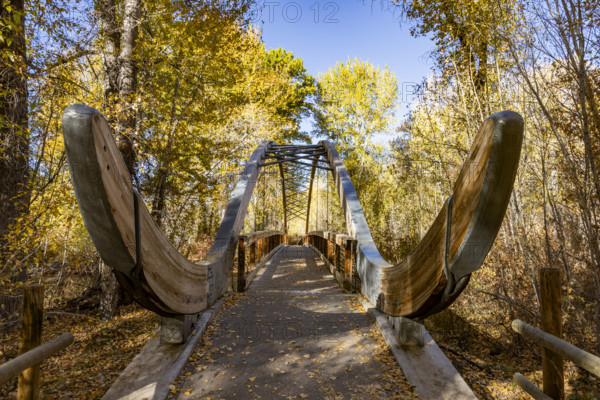 USA, Idaho, Hailey, Bow Bridge over Big Wood River in autumn