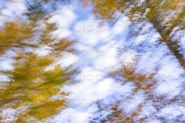Low angle view of trees against sky in autumn motion blur