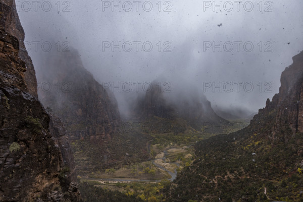 USA, Utah, Zion National Park, Gray clouds covering Zion Canyon during snowstorm