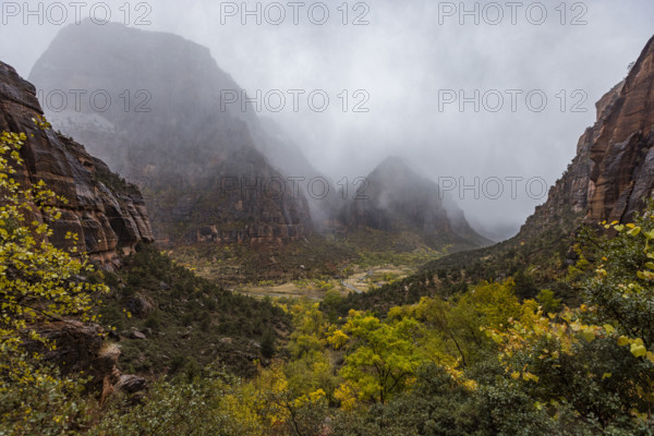 USA, Utah, Zion National Park, Gray clouds covering Zion Canyon during snowstorm