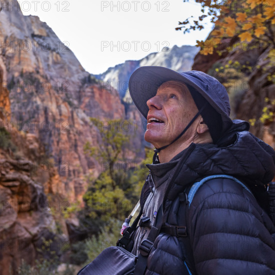 USA, Utah, Zion National Park, Portrait of smiling man on Angels Landing Trail