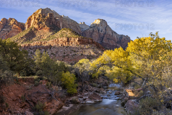 USA, Utah, Zion National Park, Rock formations and trees in autumn foliage along Virgin River