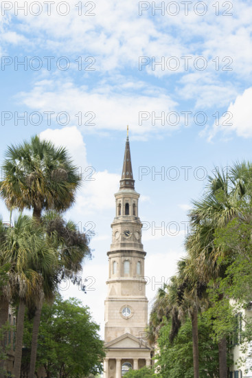 USA, South Carolina, Charleston, Tower of historic St. Philips Church against sky