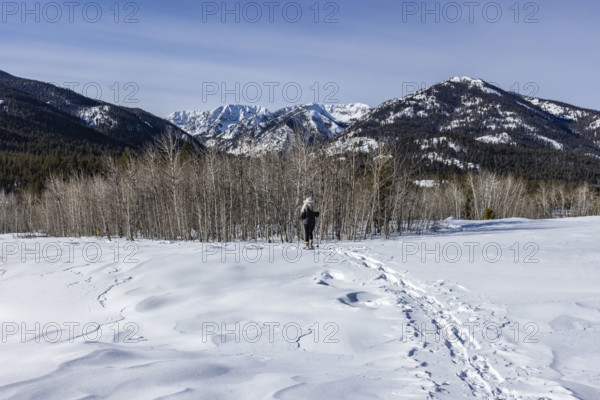 USA, Idaho, Sun Valley, Rear view of woman snowshoeing on sunny winter day