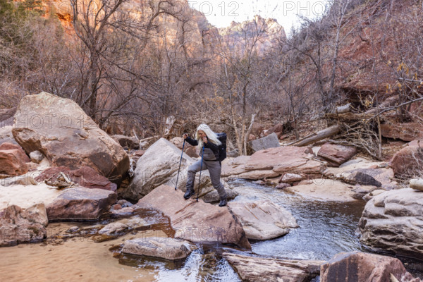 USA, Utah, Zion National Park, Female hiker crossing creek in Zion National Park