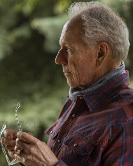 Profile of pensive senior man outdoors. Bellevue, Idaho, USA.
