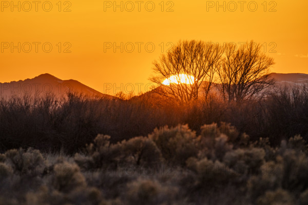Sun setting above hills against orange sky. Bellevue, Idaho, USA.