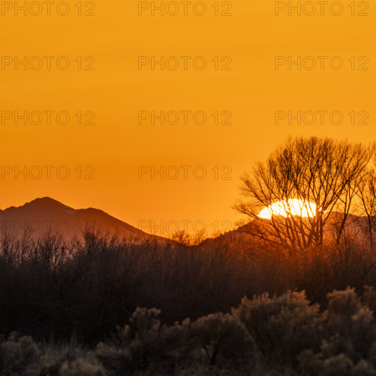 Sun setting above hills against orange sky. Bellevue, Idaho, USA.