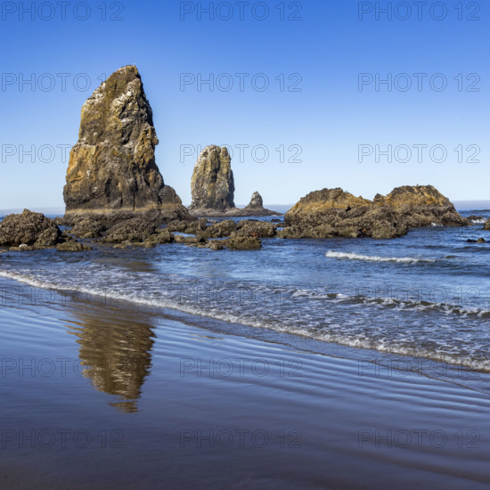 Cannon Beach rock formations at low tide. , Oregon, USA.