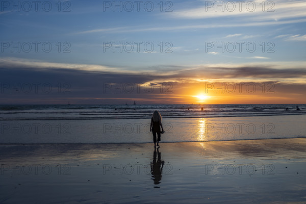 Rear view of woman walking on beach at sunset. , Guanacaste, Costa Rica.