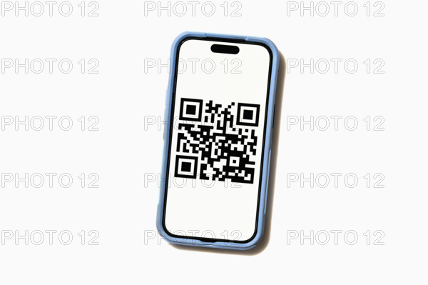 Studio shot of smart phone displaying QR code. New York City, New York State, USA.