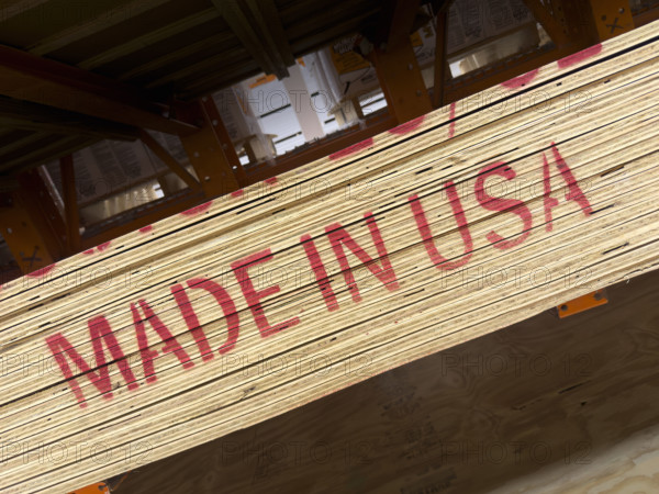 Made in USA printed on plywood stacked at lumber yard. Nashville, Tennessee, USA.