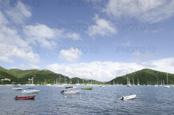 Boats anchored on calm Coral Bay, St. John, United States Virgin Islands, USA.