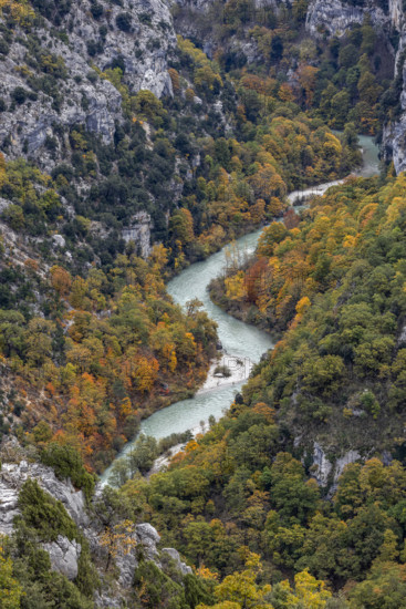 High angle view of Verdon River crossing Verdon Gorge , Gorges du Verdon, Provence, France.
