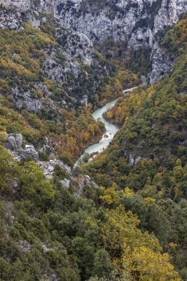 High angle view of Verdon River crossing Verdon Gorge, Gorges du Verdon, Provence, France.