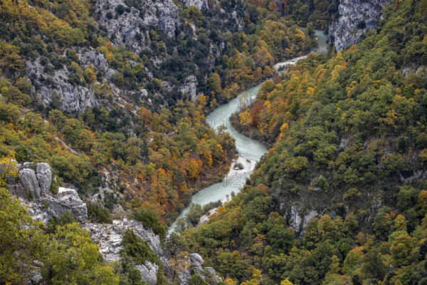 High angle view of Verdon River crossing Verdon Gorge, Gorges du Verdon, Provence, France.