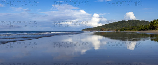 Sky and clouds reflecting in calm sea surface at dawn, Playa Grande, Guanacaste, Costa Rica.