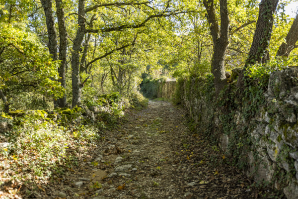 Old stone wall and empty footpath, Bonnieux, Vaucluse, France.