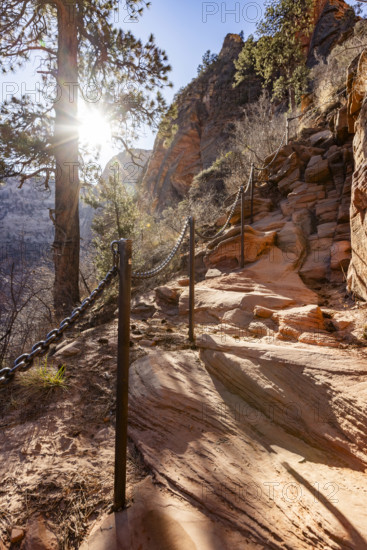 Safety chains on hike to Angels Landing, Zion National Park, Utah, USA.