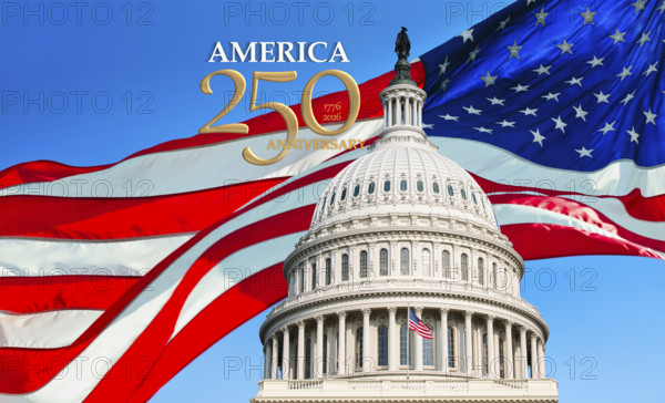 Capitol Building with American flag celebrating 250 anniversary of USA, Washington, District of Columbia, USA.