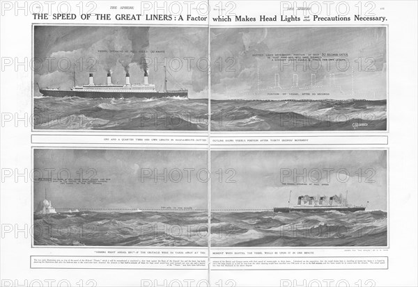 Article du journal anglais "The Sphere", soulignant l’importance d’installer des projecteurs puissants sur les paquebots à grande vitesse, tels que le RMS Titanic. Les deux illustrations montrent l’évolution de la position d’un navire filant à pleine vitesse (22 nœuds) après 30 secondes, puis une minute, exposant la rapidité avec laquelle un accident peut survenir. Ces deux images donnent un aperçu de la vitesse du RMS Titanic, alors considéré comme relativement lent, comparé à d’autres navires de la Cunard Line et aux grands croiseurs de batailles. Construit par Harland & Wolff, à Belfast (Irlande), en 1910-1911, le RMS Titanic sombra après avoir heurté un iceberg, le 15 avril 1912, au large de Terre-Neuve, lors de son voyage inaugural de Southampton (Angleterre) à New York (USA), entraînant la perte de 1522 passagers et membres d’équipage. (Photo par Titanic Images/Universal Images Group)