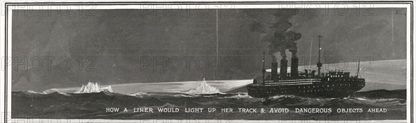 Illustration exposant la nécessité d’installer des projecteurs de nuit puissants sur les navires d’envergure similaire au RMS Titanic. Le naufrage du Titanic serait, en grande partie, dû au manque de visibilité du paquebot et à son incapacité à détecter la présence d’icebergs, au cœur de la nuit. Construit par Harland & Wolff, à Belfast (Irlande), en 1910-1911, le RMS Titanic sombra après avoir heurté un iceberg, le 15 avril 1912, au large de Terre-Neuve, lors de son voyage inaugural de Southampton (Angleterre) à New York (USA), entraînant la perte de 1522 passagers et membres d’équipage. (Photo par Titanic Images/Universal Images Group)