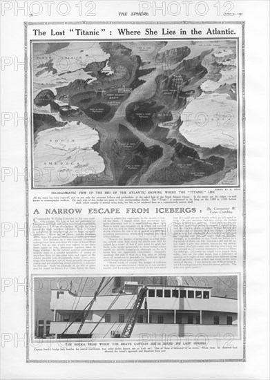 Article du journal anglais "The Shere", situant l’épave du RMS Titanic, sur une carte de l’océan atlantique. Construit par Harland & Wolff, à Belfast (Irlande), en 1910-1911, le RMS Titanic sombra après avoir heurté un iceberg, le 15 avril 1912, au large de Terre-Neuve, lors de son voyage inaugural de Southampton (Angleterre) à New York (USA), entraînant la perte de 1522 passagers et membres d’équipage.(Photo par Titanic Images/Universal Images Group)