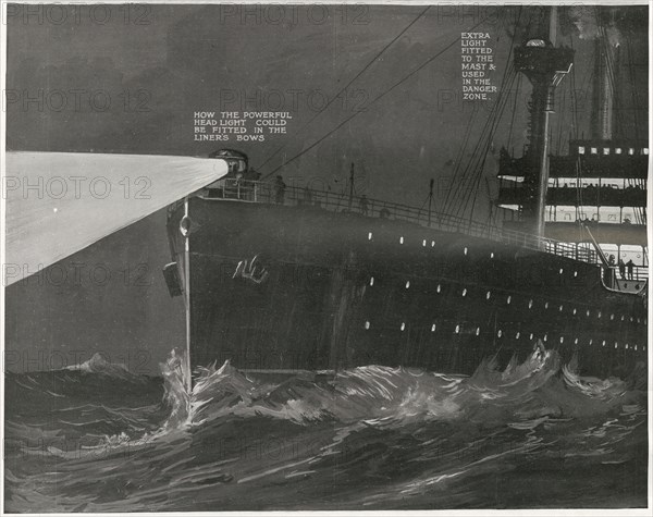 Illustration exposant la nécessité d’installer des projecteurs de nuit puissants sur les navires d’envergure similaire au RMS Titanic. Le naufrage du Titanic serait, en grande partie, dû au manque de visibilité du paquebot et à son incapacité à détecter la présence d’icebergs, au cœur de la nuit. Construit par Harland & Wolff, à Belfast (Irlande), en 1910-1911, le RMS Titanic sombra après avoir heurté un iceberg, le 15 avril 1912, au large de Terre-Neuve, lors de son voyage inaugural de Southampton (Angleterre) à New York (USA), entraînant la perte de 1522 passagers et membres d’équipage. (Photo par Titanic Images/Universal Images Group)